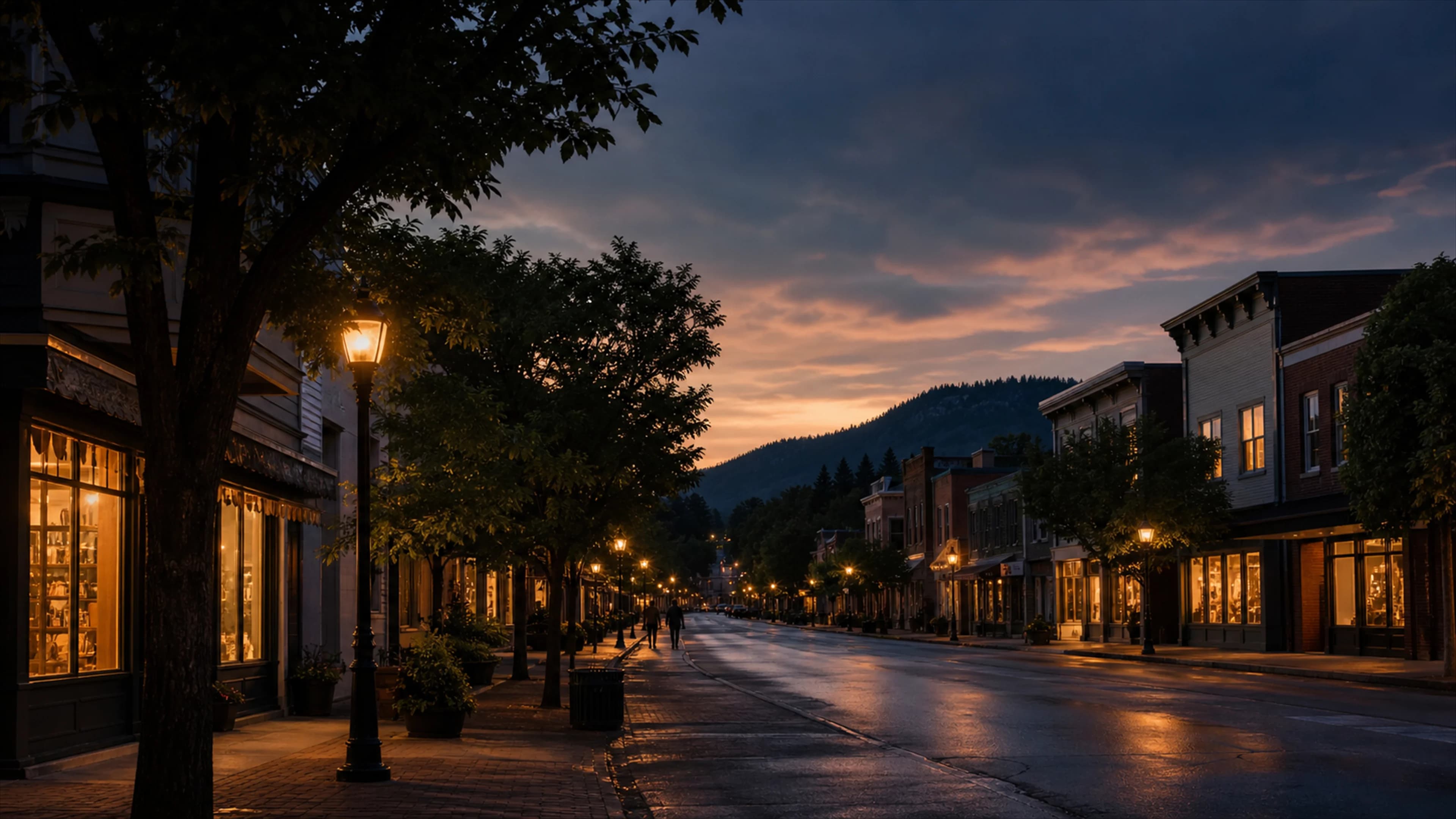 A small town's main street at dusk — the place whose readiness is being asked in public.